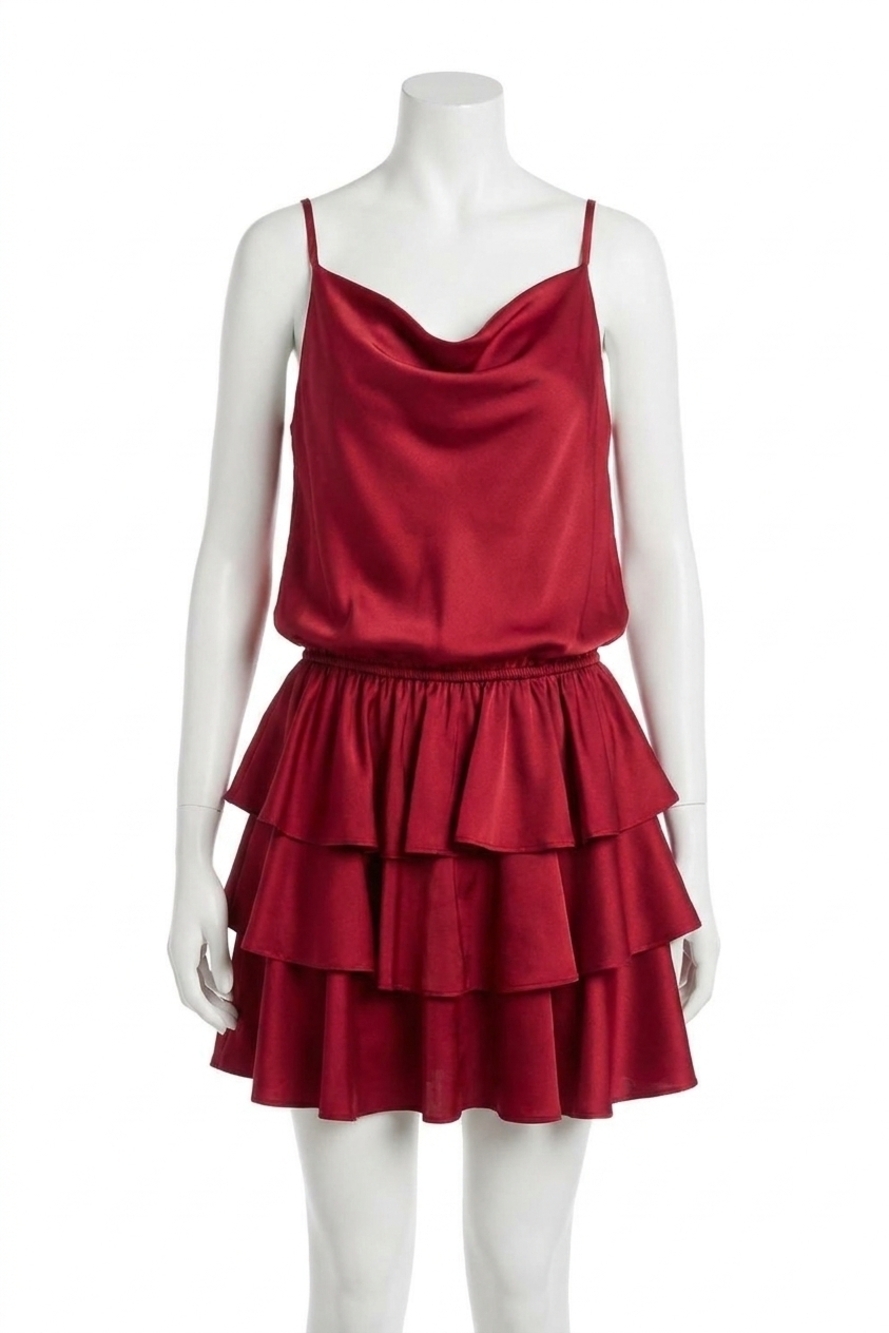 NEW EE:SOME cowl neck ruffled bottom mini dress in wine